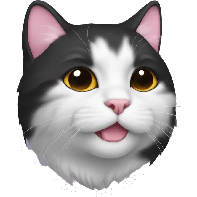 The cat’s face is mostly black with a white stripe between the eyes. The left side of nose is half pink and the right side is half black. White fur widens around the left mouth, covering the chin, while the right face stays black. emoji