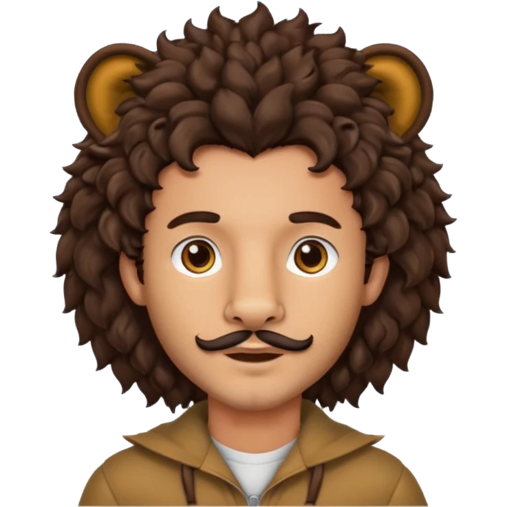 Make a guy with curly big dark browns hair and medium skin then give him lion ears and a little facial hair emoji