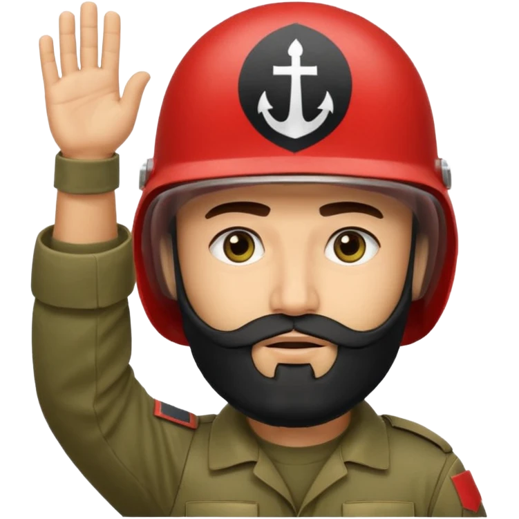 surrenders, depicts an Iraqi soldier from 1980, with a beard, in a helmet, a helmet WITHOUT insignia, with a balaclava, with sad eyes and both hands raised up emoji