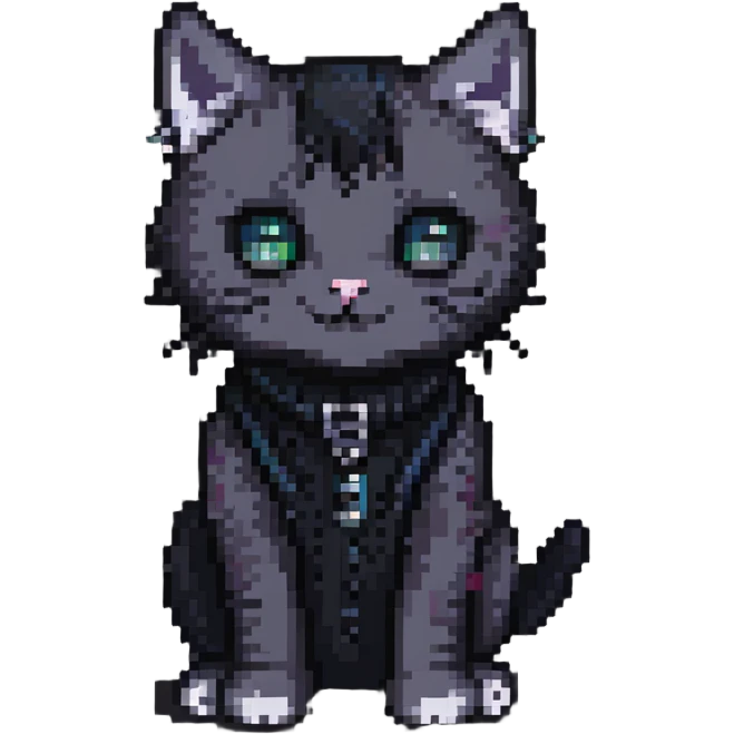 emo kitty, dark colors, pixel art style emoji