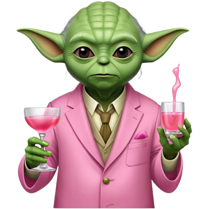 Master Yoda in pink suit, holding small pink tequila shot emoji
