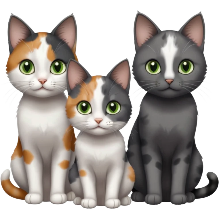 3 different coloured small cats including a dark grey and white, and a patchy calico with hazel eyes and a completely solid dark grey with green eyes and only white paws emoji