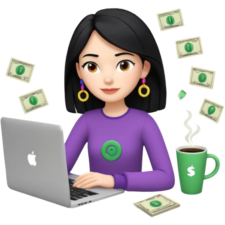 3D clay woman character relaxed with laptop and coffee in Paris, floating icons (dollars), colofrful modern outfit, white laptop, Pixar style, transparent background, black hair, fair skin,  emoji