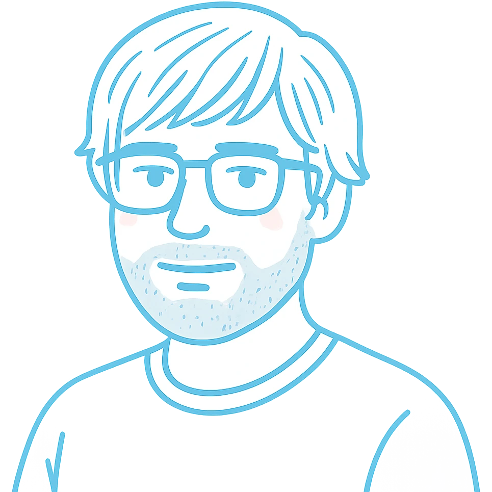 A man with stylish glasses, attractively disheveled longer hair that still looks nicely styled with perfect bangs across the forehead, a round face shape, and a broader nose. Use light sky blue for all primary outlines and details, very subtle pink highlights restricted to the cheeks, and gray tones used only for the beard and minimal shadow details where necessary. emoji