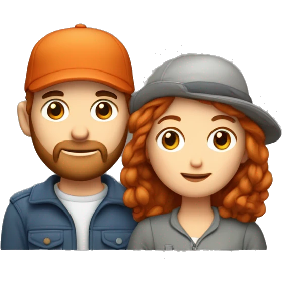 une femme rousse au cheveux courts et un homme avec une petite barbe et une casquette plate sur la tête emoji