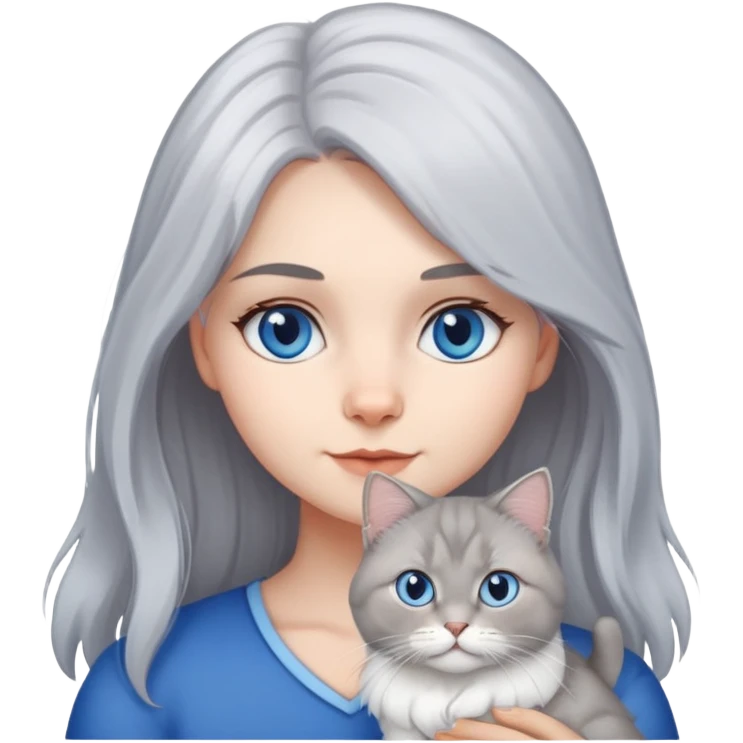gray hair girl with white blue eye British Longhair cat emoji