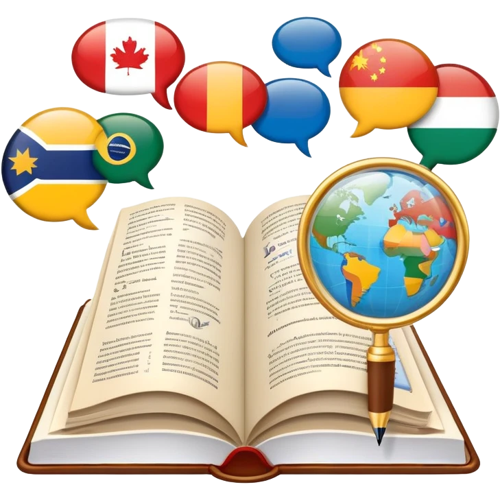 An icon featuring an open book, a pen, and speech bubbles, symbolizing philology and linguistics. The design includes alphabet letters, a magnifying glass, and flags of different countries, representing global languages and communication. Transparent background highlights language study. emoji