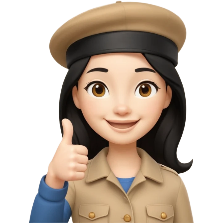 3D cartoon female character giving thumbs up, wearing beige beret, long black hair, smiling warmly with confident expression, clean white background, Pixar-style lighting, cute and friendly iPhone memoji aesthetic, high quality soft shading, centered composition emoji