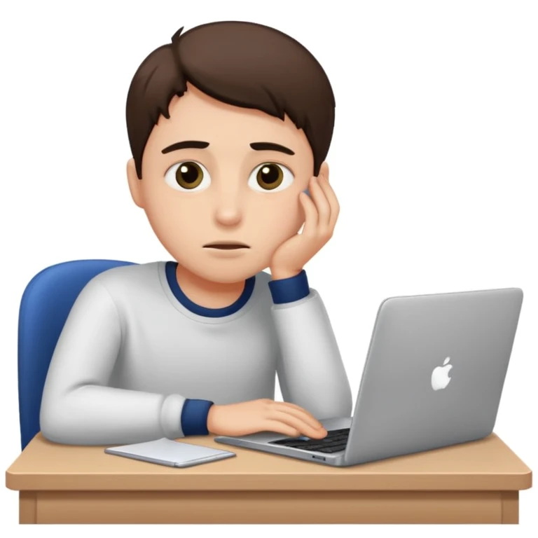 tired student with laptop, dark circles under eyes, window at night behind emoji