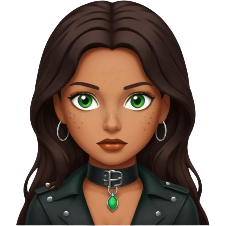 Tan skin with freckles, long dark hair, green eyes Dominatrix  emoji