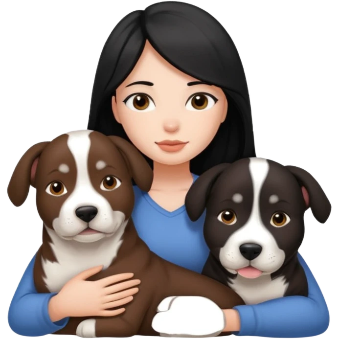 Girl with black long hair cuddels with two amstaffs black and brown emoji