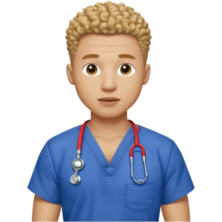Ripped, athletic man with thick neck, high top fade with no part, curly hair only top only, no shirt and show waistline up add scrubs emoji