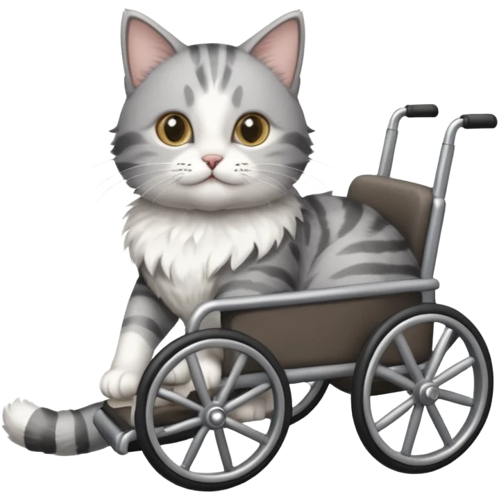 grey and white cat in a cat wheelchair emoji