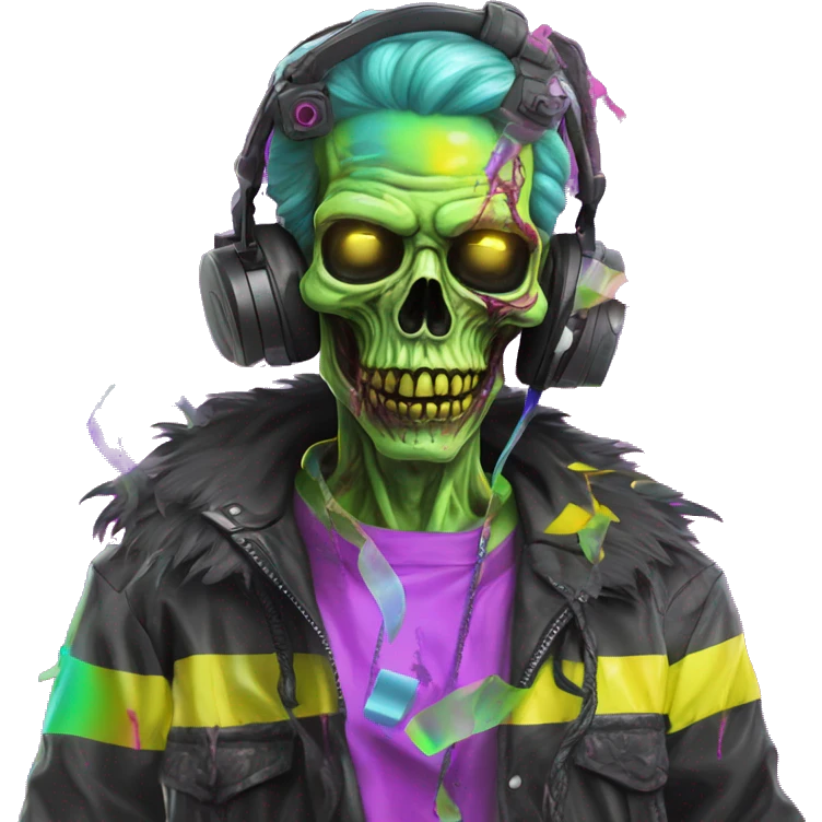 .Zombie_ Vaporwave black holographic oilslick zombie , vaping vape_ unicorn smoking, yellow caution tape  emoji