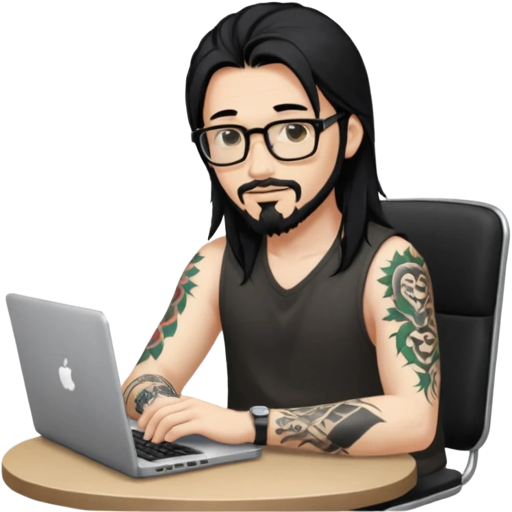 a young man with long black hair, with goatee, wearing glasses sitting with a laptop, tattoo inyout arms emoji