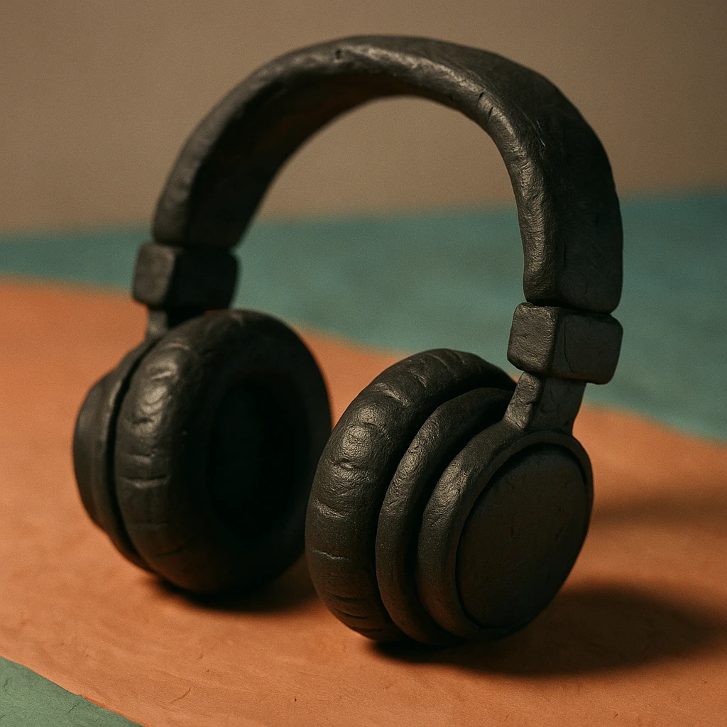 goth headphones, black with leather texture, claymation style emoji