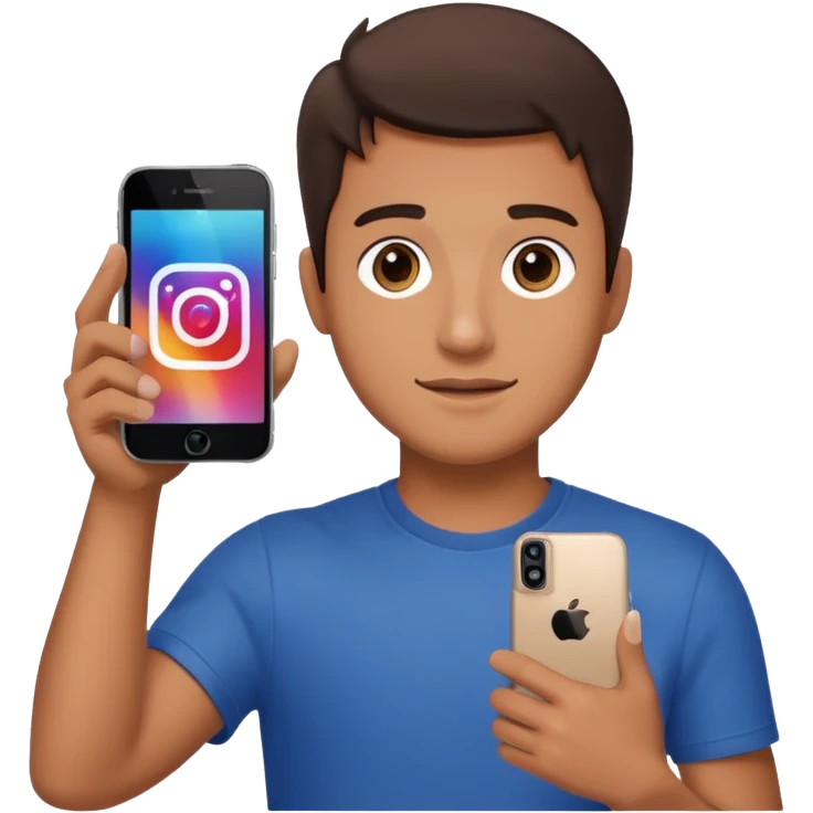 A man in frontal view holding up one iPhone toward the camera. The screen of the iPhone clearly displays the Instagram logo, brightly illuminated.  emoji