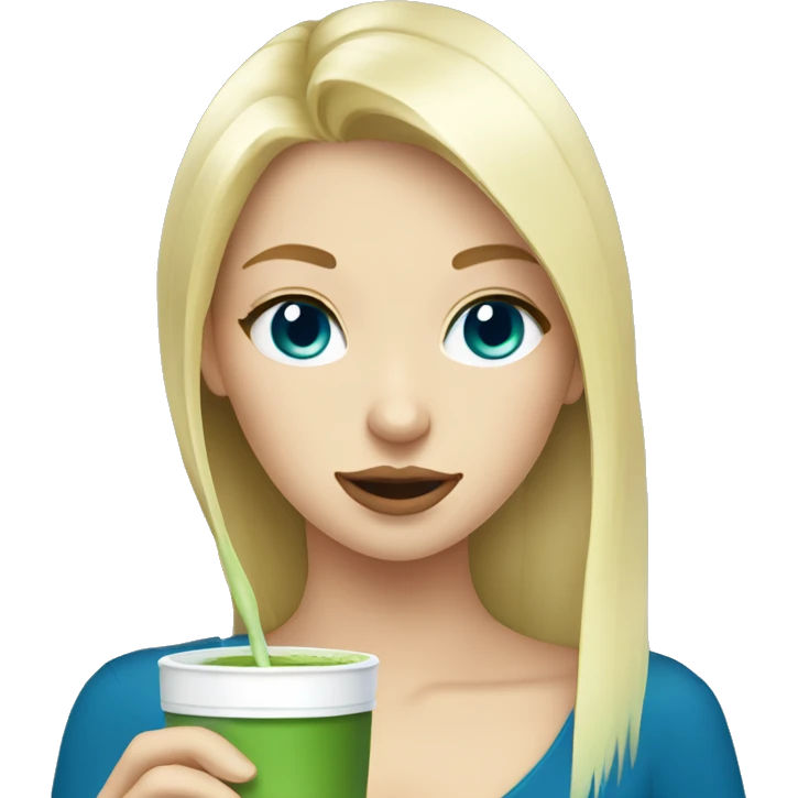 blonde girl blue eyes drinking matcha  emoji