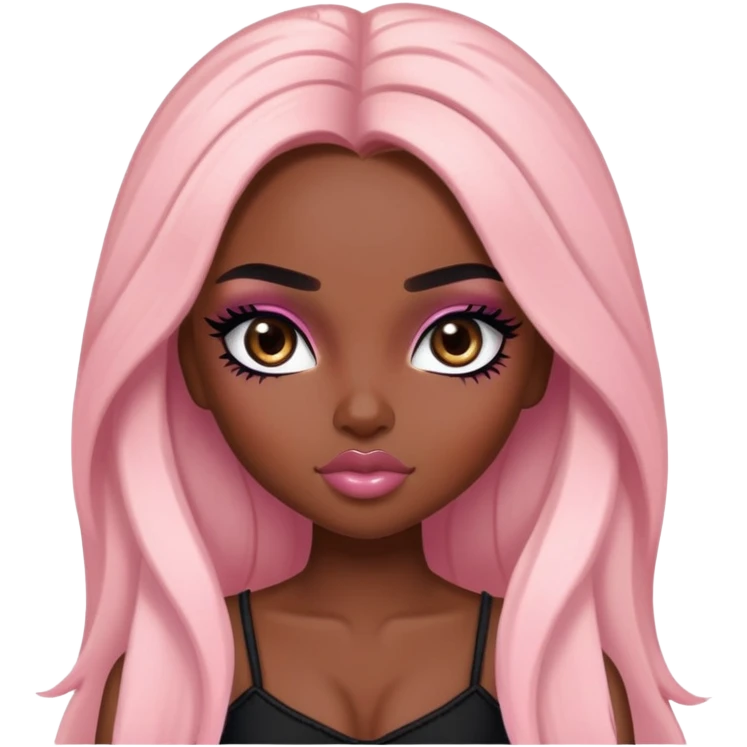  long hair, dark skin skin, dark brown eyes, pretty bratz baddie, black eyeliner, blush emoji