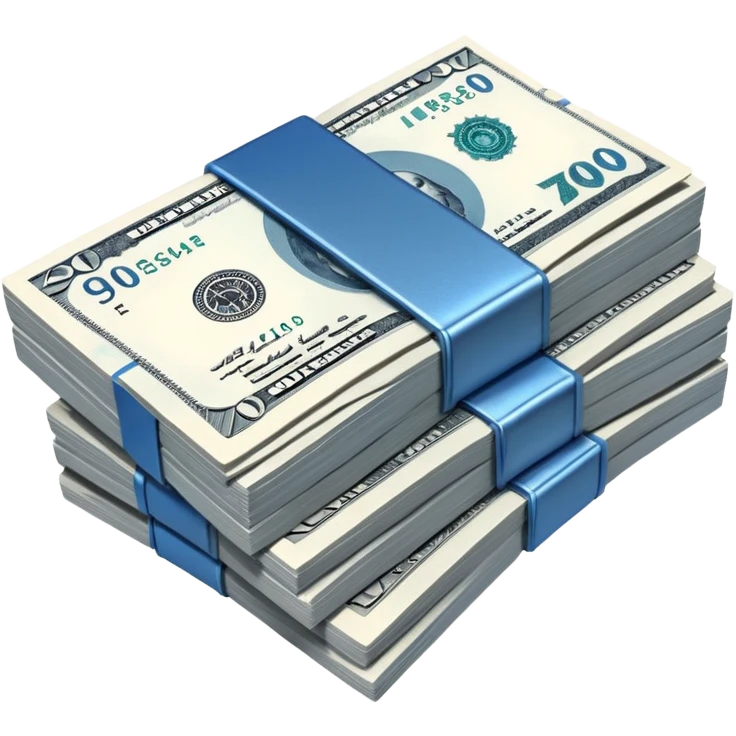 a neat bound stack of blue-and-white banknotes, koan bills , 90s futuristic, the band is dark gray emoji