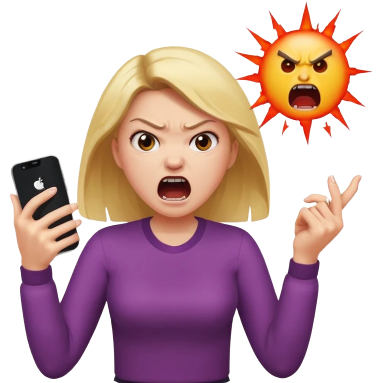girl with an angry face shouting at her phone, dramatic, hands gripping device emoji