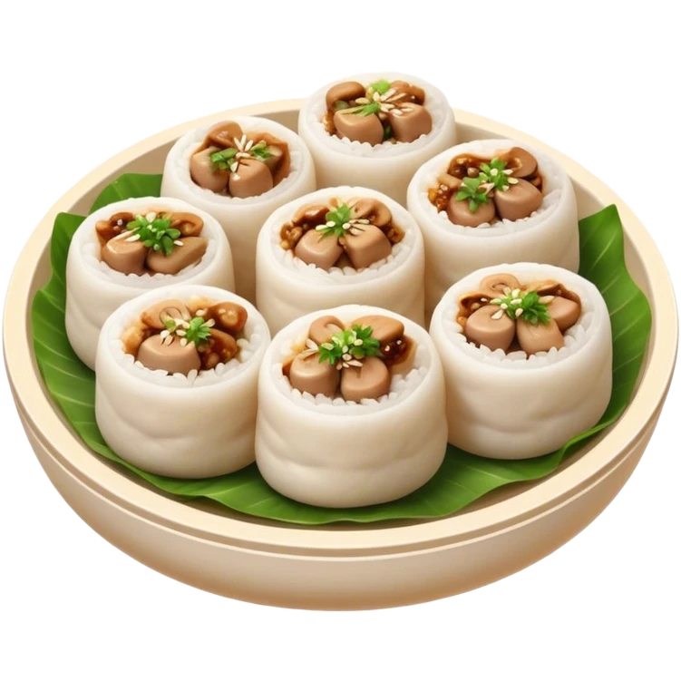 Cinematic Realistic B√°nh cu·ªën Dish Emoji, featuring steamed rice rolls filled with savory minced pork and mushrooms rendered with soft textures and inviting, warm lighting. emoji
