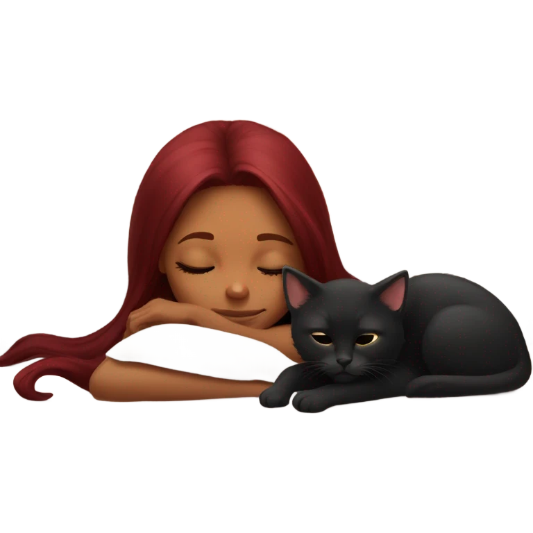 tanned girl long burgundy hair sleeping with black kitty emoji