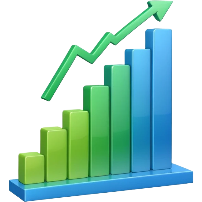 3D bar chart with upward trend, pie chart, colorful graphs, 
data visualization, blue and green colors, transparent background, 
emoji style, realistic, modern business analytics emoji