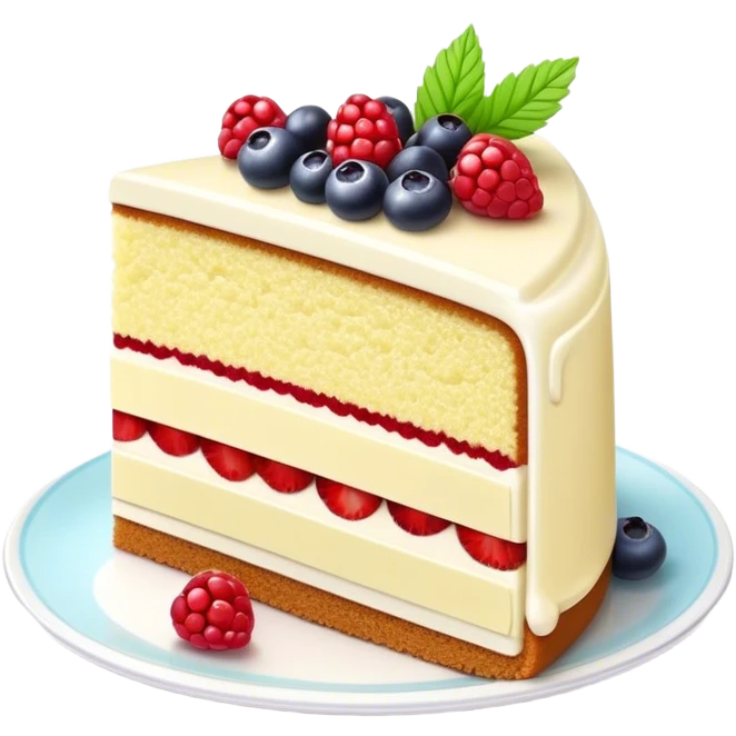 Cinematic luxurious slice of cake, delicate layers of moist sponge and rich frosting, beautifully decorated with fresh berries and a glossy glaze, soft glowing light, elegant and indulgent. emoji