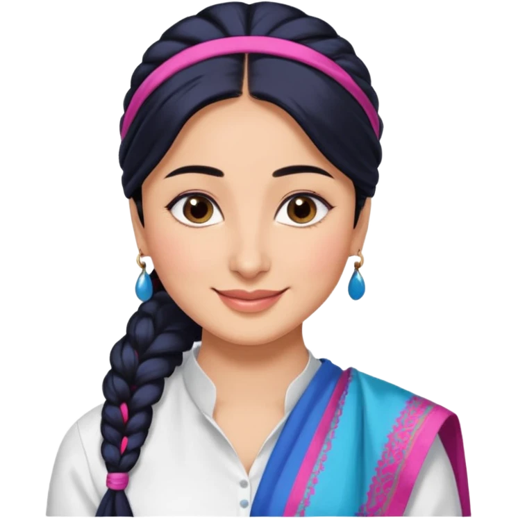 generate a pretty bratz emoji that looks like Kareena Kapoor's Geet character. 
Make her wear a white shirt with a colorful blue-pink dupatta wrapped around her neck. smiling big. Black hair tied into a side part ponytail

She should look exactly  like Kareena Kapoor emoji