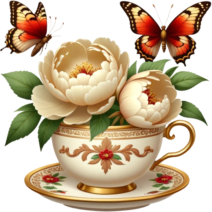 Soft beige peonies bloom beside an ornate gold coffee cup, while butterflies with cinnamon and brick-red wings flutter gently. Warm, vintage light enhances the scene. emoji