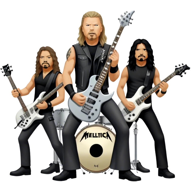 Icon for Metal Music: Metallica band members detailed in their signature look. James Hetfield with guitar, Lars Ulrich on drums, Kirk Hammett with his electric guitar, and Robert Trujillo playing bass. Bold, energetic style with musical notes, all in a heavy metal aesthetic. Transparent background. emoji