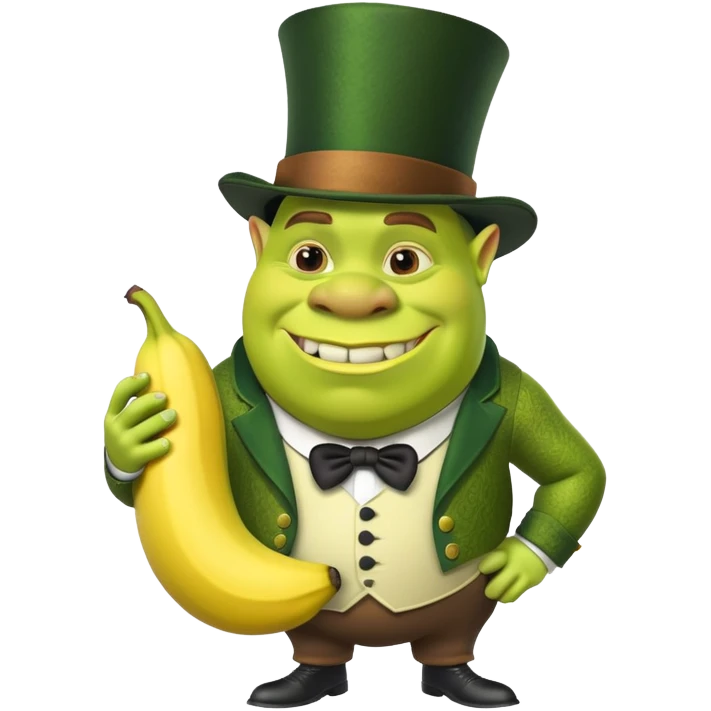 shrek with a top hat  holding a banana emoji
