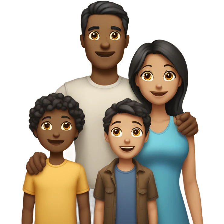 A family of five, mother with black hair and light skin, father bronzed skin and brown hair, middle daughter light skin and brown hair, small son and big son bronze skin and brown hair emoji