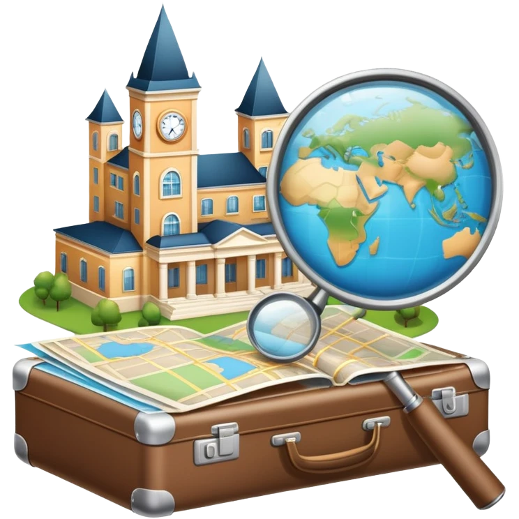 An icon featuring a suitcase, a hotel building, symbolizing the academic study of tourism and hospitality. The design includes a travel map and a magnifying glass, representing research into destinations and hospitality management. Transparent background emoji