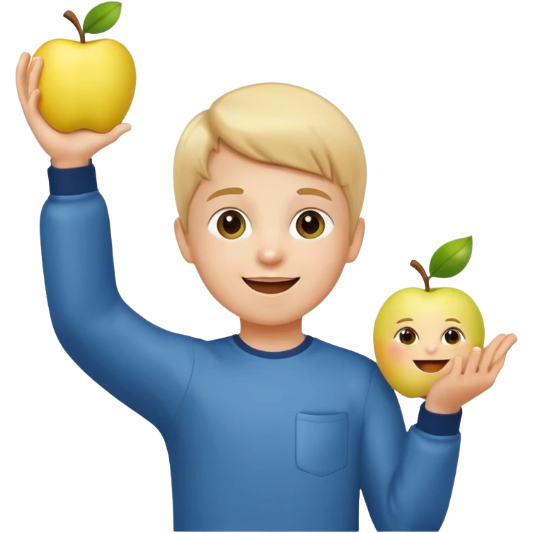 happy little kid with a phone, standing with one arm raised, apple style emoji emoji