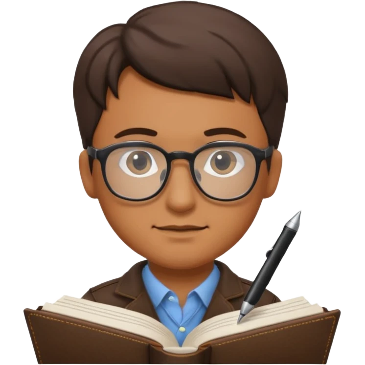 man hold a pen in hand write in book , wearing glasses emoji