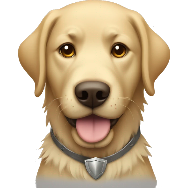 shaggy labrador-like dog with a shield emoji