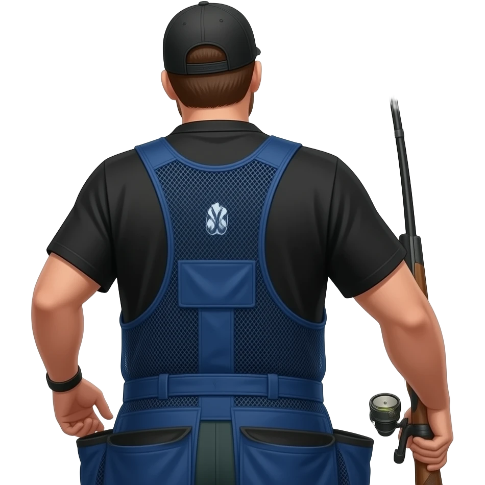 a fisherman looking away from the camera wearing a black t shirt and a backwards black baseball cap,casting into the sky trying to hit a skeet shooter emoji