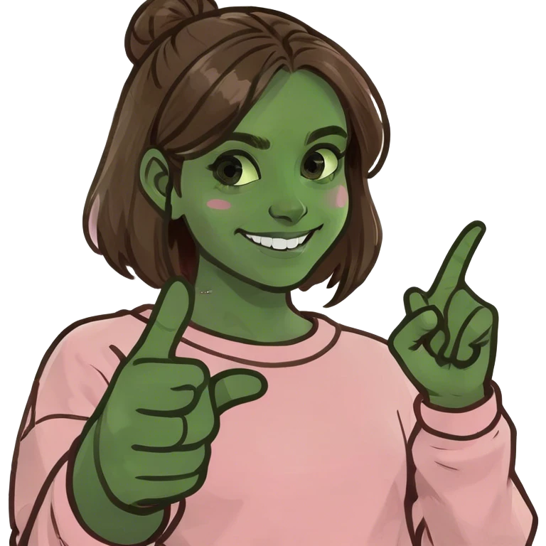 A girl with brown hair and white skin is smiling, pointing her index finger, and wearing a pink sweatshirt emoji