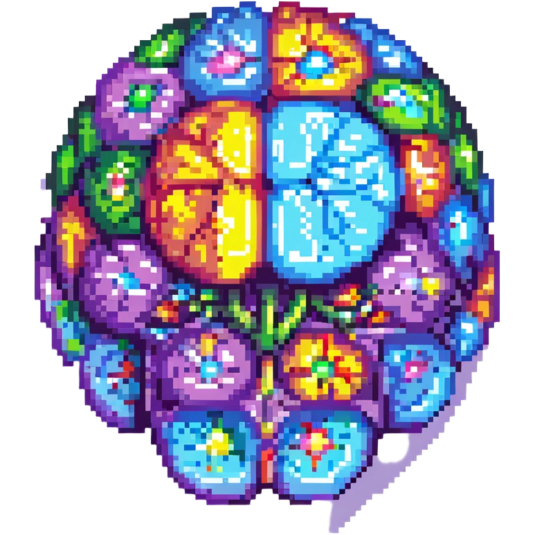 Add a colorful, vibrant core to the brain, making the center of the crystal brain glow with multiple bright colors, in pixel art style, with no background. emoji