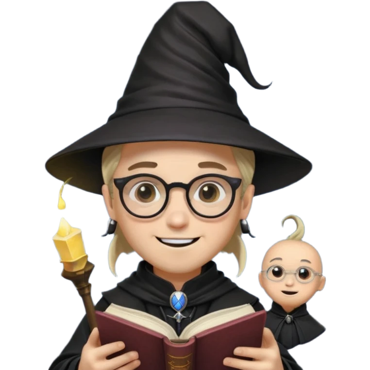 ["A happy boy with light skin, ponytail, wearing a wizard hat and square glasses, dressed in goth fashion, is reading a book while holding a phone."] emoji