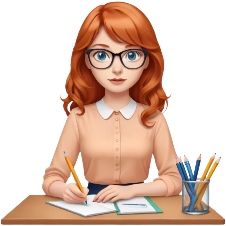 redheaded woman with long wavy hair and bangs, blue eyes and cat-eye glasses, wearing a pencil skirt and apricot blouse, holding a pencil emoji