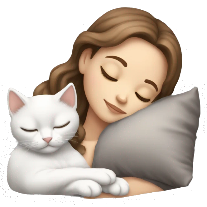 White girl brown hair sleeping with light grey kitten emoji