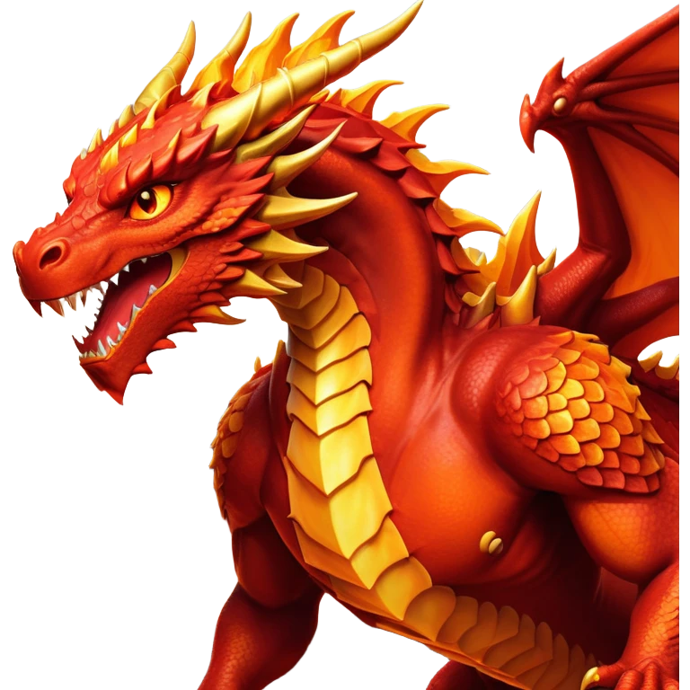 cinematic-noble-fierce-fire-dragon-full body-emoji,-poised-and-imposing,-with-a-muscular,-scaled-body-ablaze-in-fiery-hues-of-crimson,-molten-orange,-and-molten-gold,-and-intense,-burning-eyes-that-mirror-the-heart-of-a-volcano;-rendered in detail emoji