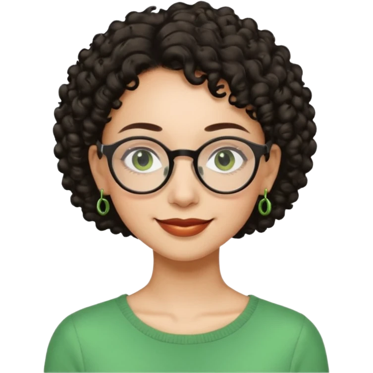 Very slim woman, light skin, short dark curly hair, black round glasses, green earrings, thin build, warm smiling face. Cartoon style. emoji