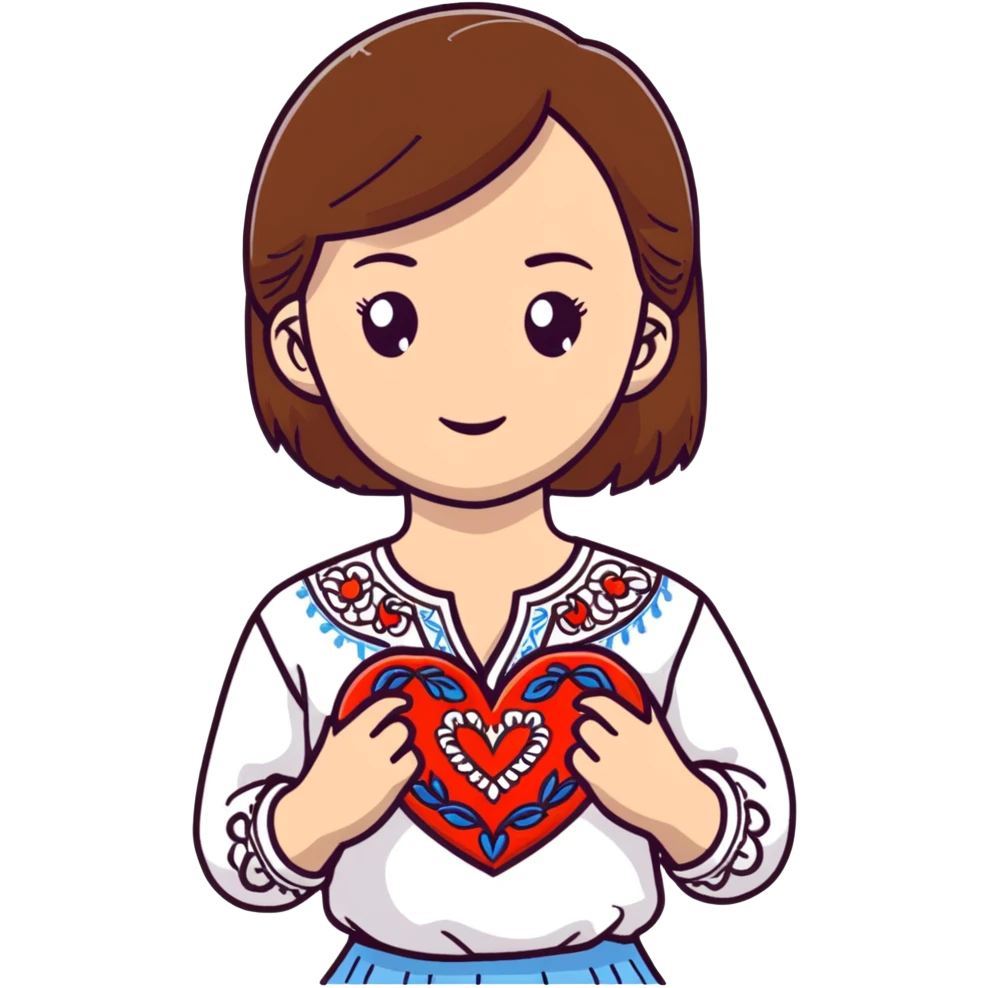 Beautiful young girl with brown hair in a white Ukrainian embroidered shirt holding a large embroidered heart emoji