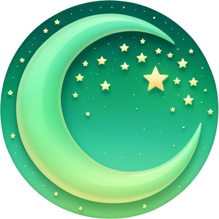 sparkly glossy pastel green-gradient crescent moon with a subtle glow, no face emoji