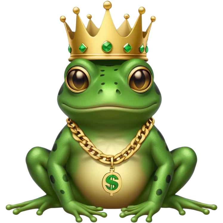 gangster frog wearing a gold crown, cool sunglasses, gold chain, dollar sign chain emoji