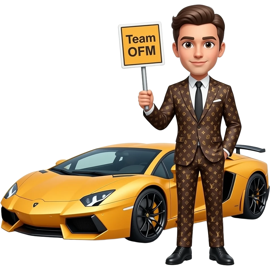 парень около Lamborghini в костюме LOUIS VUITTON с табличкой в руках "Team OFM" emoji